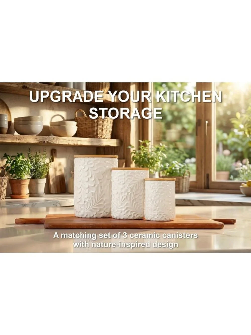 Set of 3 Engraved Ceramic Canisters with Airtight Bamboo Lids - Kitchen Storage